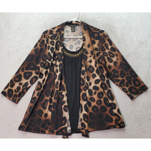 Susan Lawrence Blouse Women's XL Black Brown Leopard Print Round Neck Open Front